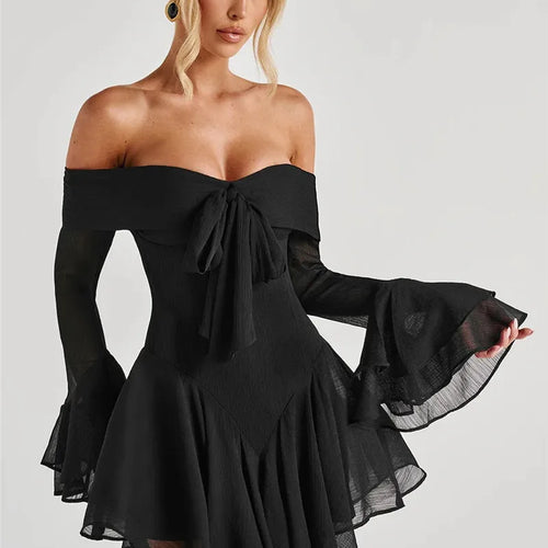 Load image into Gallery viewer, Strapless Long Flare Sleeve Sexy Mini Dress For Women Robe Off-shoulder Backless High Waist A-line Club Party Dress

