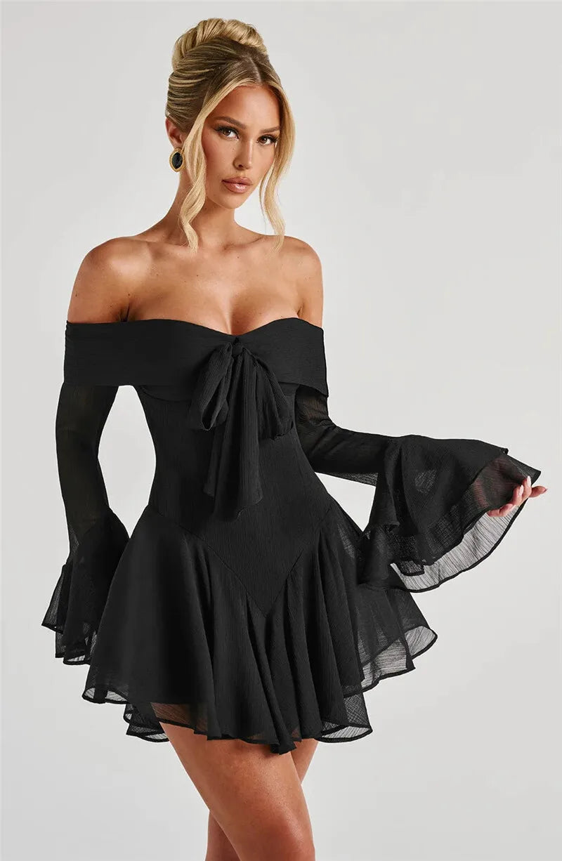 Strapless Long Flare Sleeve Sexy Mini Dress For Women Robe Off-shoulder Backless High Waist A-line Club Party Dress