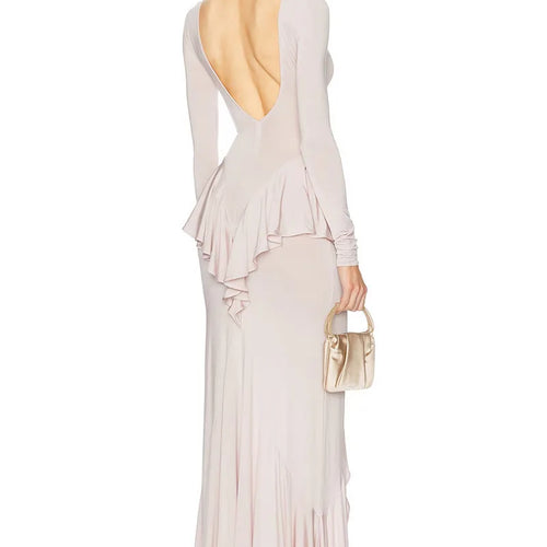Load image into Gallery viewer, Backless Ruffled Sexy Maxi Dress For Women Gown Fashion O Neck Long Sleeve Thigh High Split Evening Long Dress Elegant
