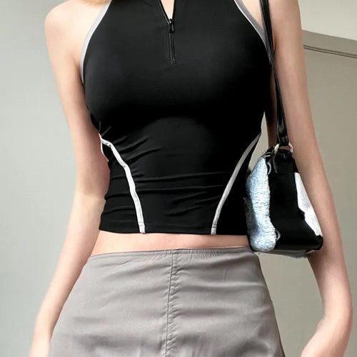 Load image into Gallery viewer, Casual Stripe Stitched Zipper Fitness Vest Crop Top Female Backless Stand Collar Streetwear Summer Tanks Short Sporty
