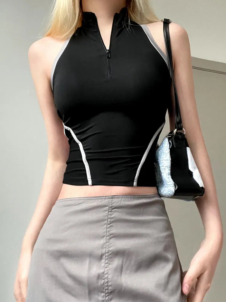 Casual Stripe Stitched Zipper Fitness Vest Crop Top Female Backless Stand Collar Streetwear Summer Tanks Short Sporty