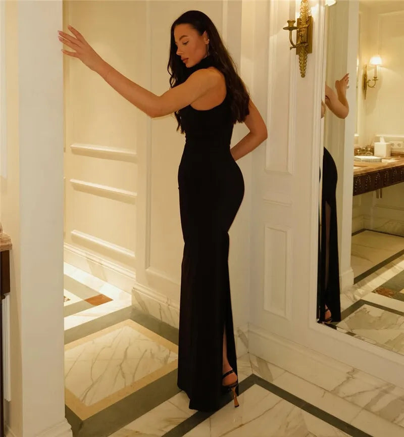 Turtleneck Off-shoulder Sexy Knit Maxi Dress For Women Gown Metal Buckle Strapless Sleeveless High Waist Knitted Dress