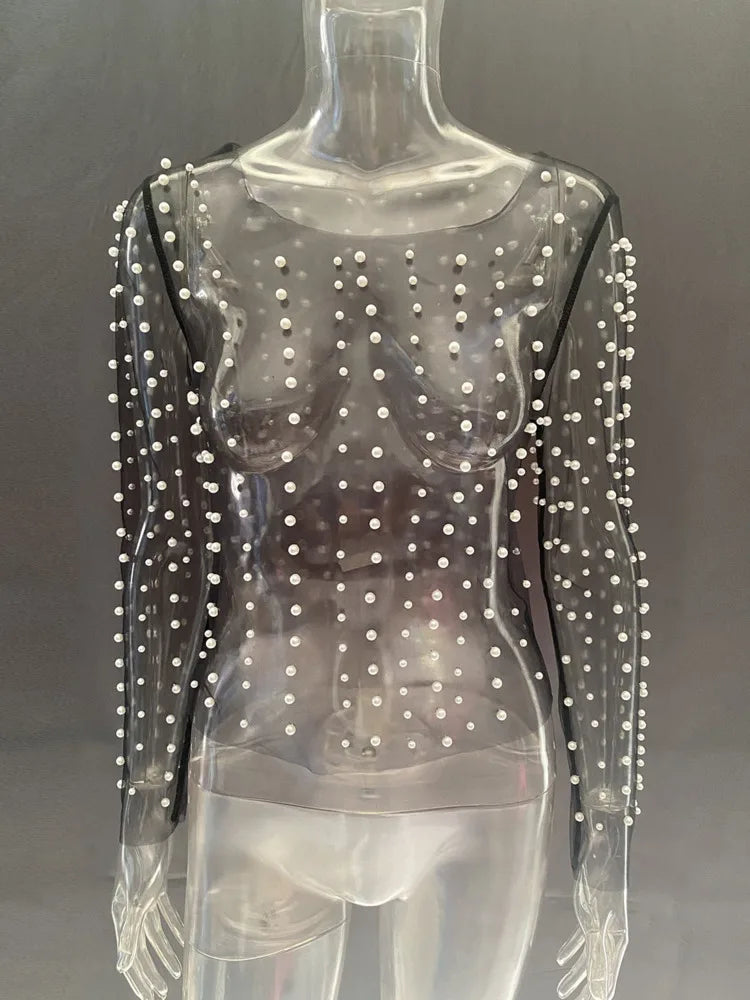Pearl Mesh See Through T-shirt Women Fashion Long Sleeve Pullover Blouse Ladies Summer U Neck Sexy Tee Shirt Tops