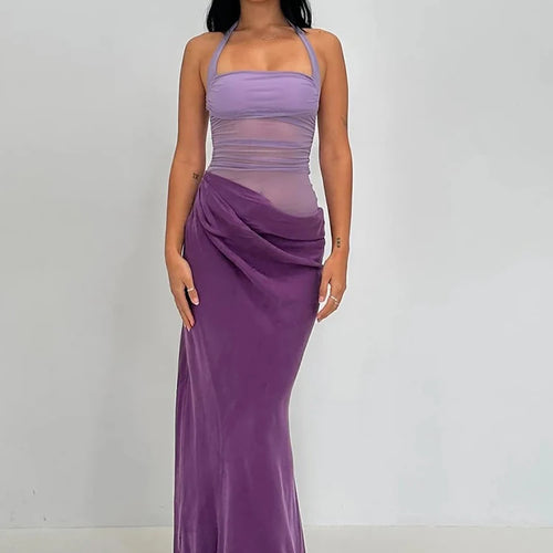 Load image into Gallery viewer, Patchwork Sexy Hollow Out Halter Women Maxi Dress Coffee See Through Evening Dress Spring Slim Elegant Party Clubwear
