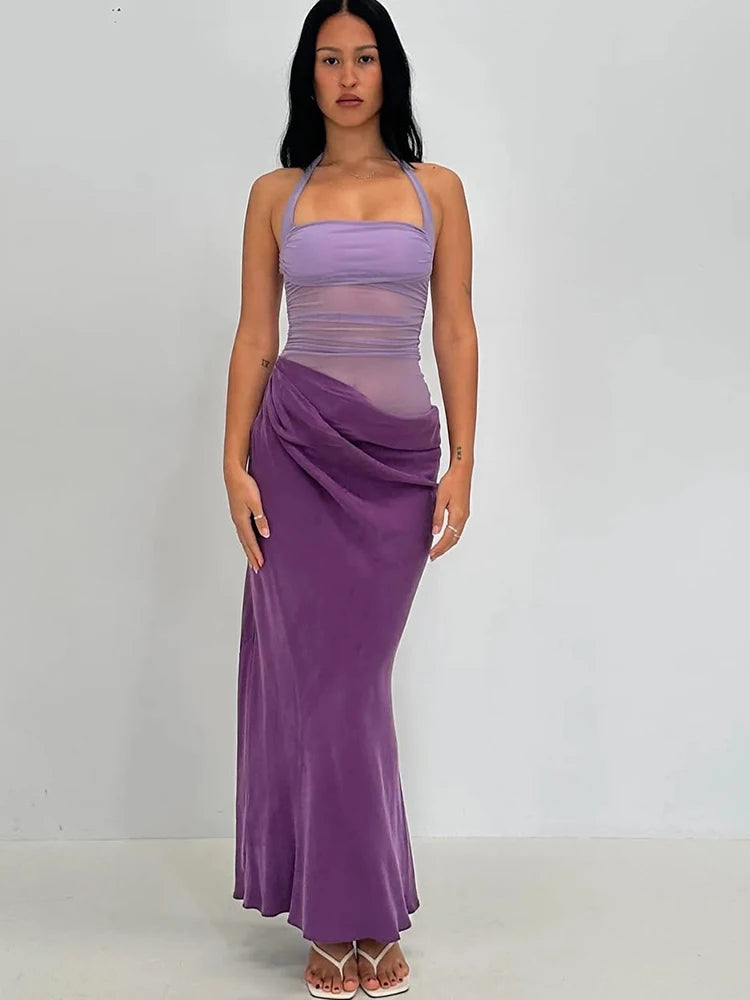 Patchwork Sexy Hollow Out Halter Women Maxi Dress Coffee See Through Evening Dress Spring Slim Elegant Party Clubwear