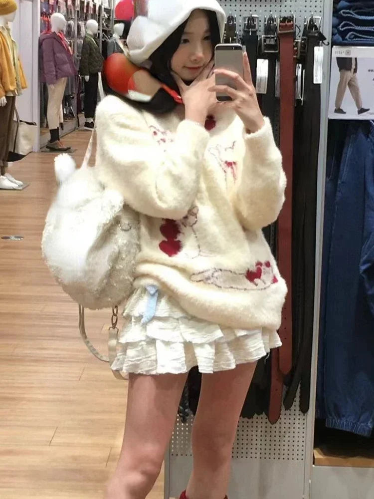 2025 Japanese Cartoon Sweet Kawaii Cat Women Sweaters Winter Grunge Loose Pullovers Y2k Aesthetic Loose Vintage Knitted Jumpers