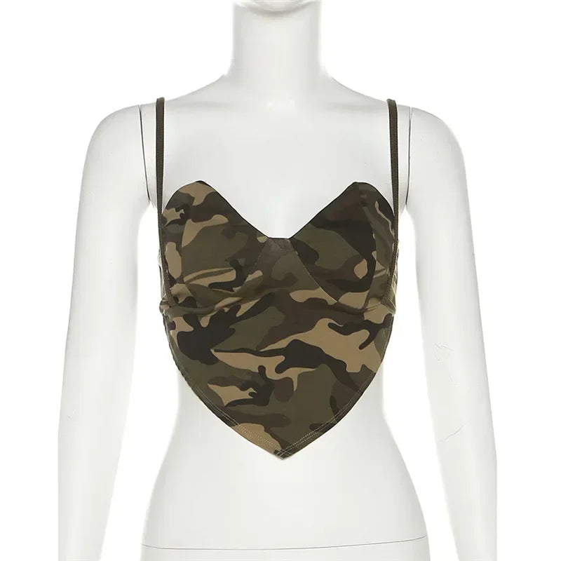 Irregular Camo Print Tank Top Womans Chic Y2k Streetwear Camisole V Neck Backless Crop Tops Summer 2023 P71-BE14