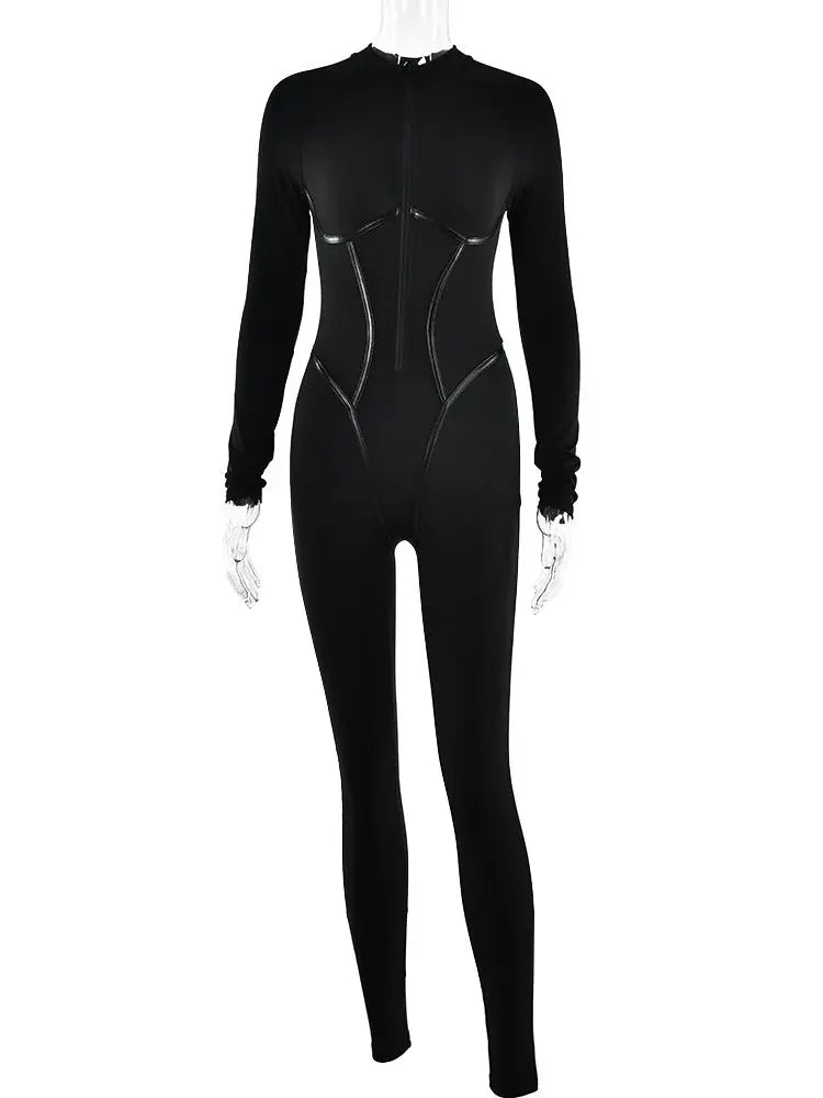 Sexy Zipper Women Jumpsuit Long Sleeve Bandage Tights Solid Jumpsuits Female Party Bodycon Stretch Sporty & Leisure