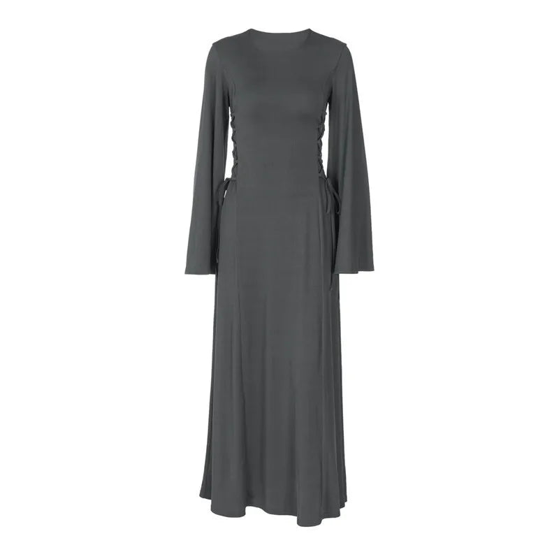 Ribbed Bandage Sexy Maxi Dress For Women Solid Lace-up O Neck Long Sleeve High Waist Elegant Long Dress Fashion