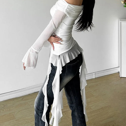 Load image into Gallery viewer, Sexy Slash Neck Off Shoulder Gauze Tshirts Women Y2k Aesthetic Irregular Ruffled Slim Fit Grunge Top Harajuku Vintage Fairy Tees
