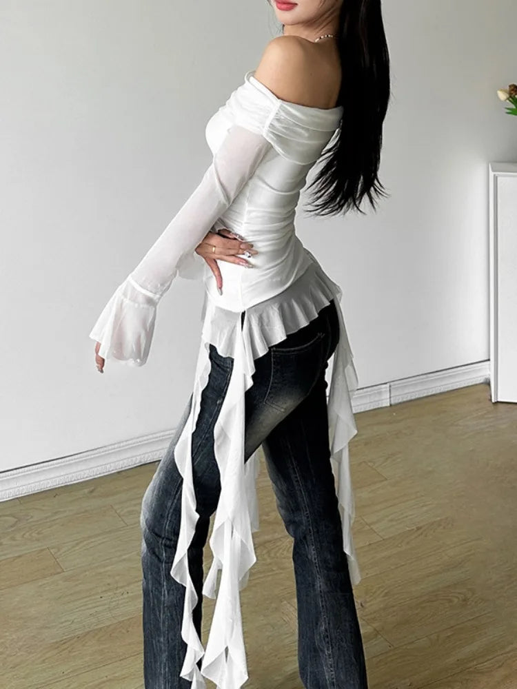 Sexy Slash Neck Off Shoulder Gauze Tshirts Women Y2k Aesthetic Irregular Ruffled Slim Fit Grunge Top Harajuku Vintage Fairy Tees