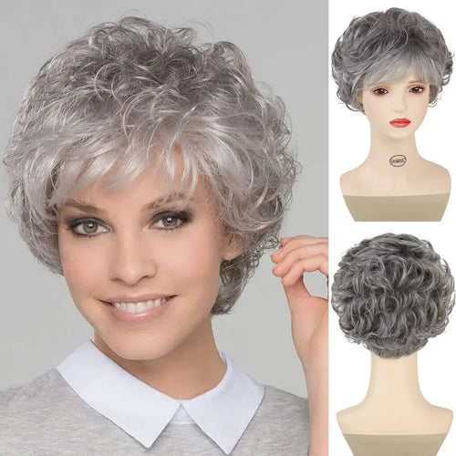 Load image into Gallery viewer, Synthetic Hair Short Gray Curly Wigs for White Women Sliver Grey Pixie Cut Wig with Bangs Wavy Fluffy Old Lady Costume
