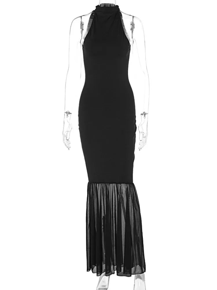 Elegant Sleeveless Bodycon Mesh Party Club Evening Dress For Women 2025 Solid Color New Slim Female Long Vestidos