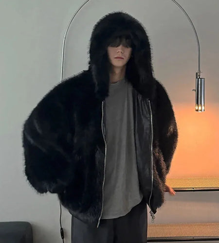 Men's Cotton Jacket Fake Fur Jackets New Male Loose Warm Solid Color Zipper Chic Korean Hooded Menwear Spring 9W1431