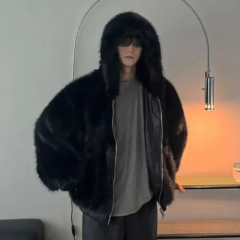 Men's Cotton Jacket Fake Fur Jackets New Male Loose Warm Solid Color Zipper Chic Korean Hooded Menwear Spring 9W1431