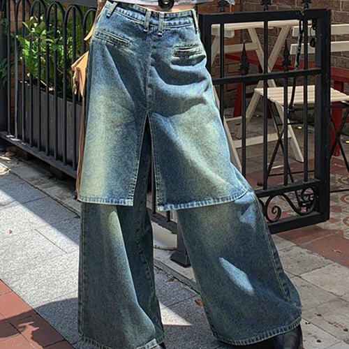 Load image into Gallery viewer, Fake Two Patchwork Skirt Denim Trouser For Women High Waist Spliced Pockets Loose Wide Leh Pants Female Fashion Style New
