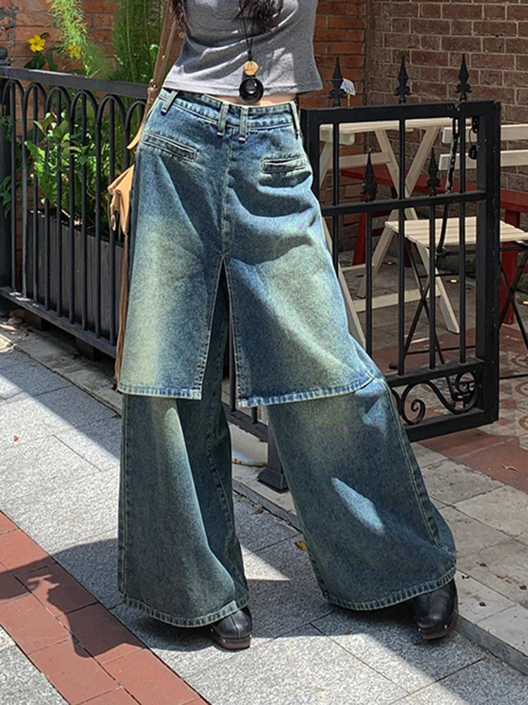 Fake Two Patchwork Skirt Denim Trouser For Women High Waist Spliced Pockets Loose Wide Leh Pants Female Fashion Style New