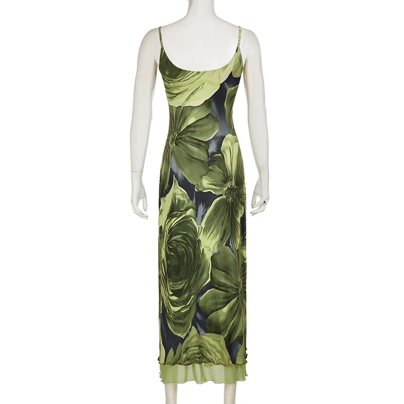 Fashion Strap Flowers Printing Green Long Dress Vacation Mesh Spliced Frills Vintage Tie Dye Summer Dress Women Party