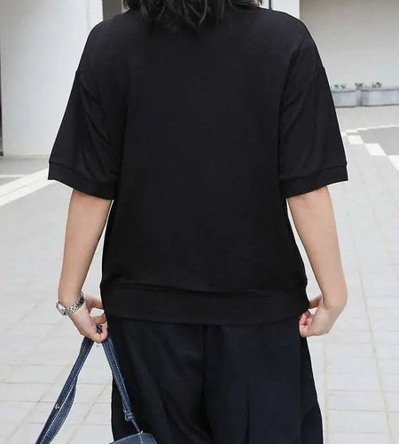 Women Black Irregular Button Pocket Big Size Casual T-shirt New Round Neck Short Sleeve Fashion Spring Summer 2025 1DJ0223