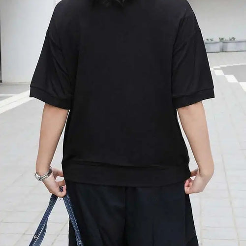 Load image into Gallery viewer, Women Black Irregular Button Pocket Big Size Casual T-shirt New Round Neck Short Sleeve Fashion Spring Summer 2025 1DJ0223
