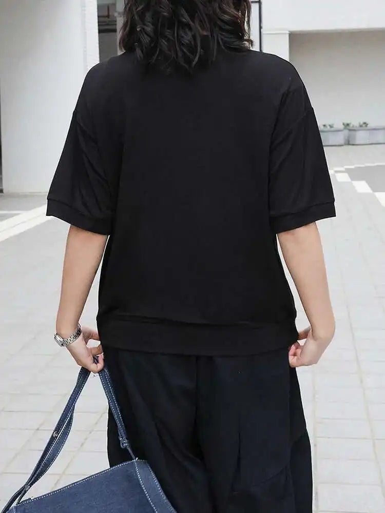 Women Black Irregular Button Pocket Big Size Casual T-shirt New Round Neck Short Sleeve Fashion Spring Summer 2025 1DJ0223