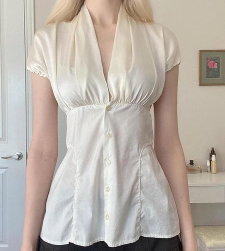 French Style White Puff Sleeve Satin Shirts Women Summer Elegant V-Neck Slimming Button Tops Ladies Casual Blouse New