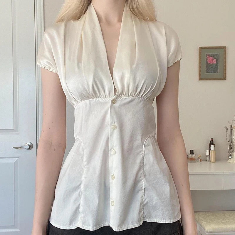 French Style White Puff Sleeve Satin Shirts Women Summer Elegant V-Neck Slimming Button Tops Ladies Casual Blouse New