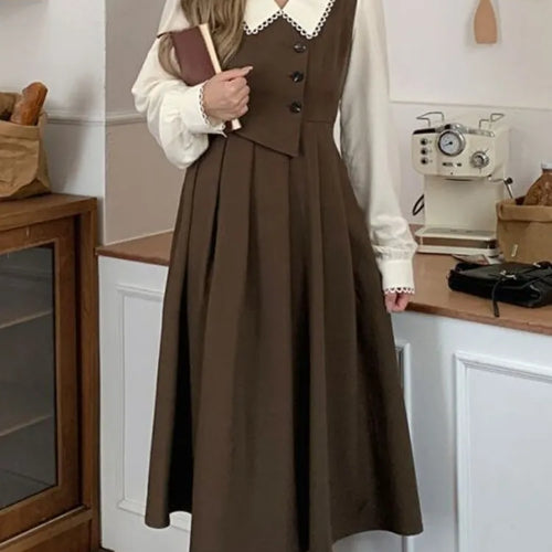 Load image into Gallery viewer, Preppy Style Vintage School Student Dress Women Retro Design Kawaii Brown Long Sleeve Midi Party Dresses Autumn
