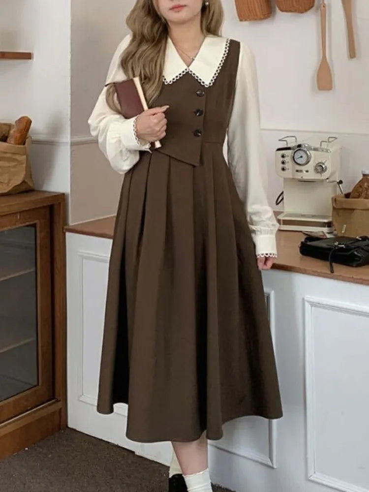 Preppy Style Vintage School Student Dress Women Retro Design Kawaii Brown Long Sleeve Midi Party Dresses Autumn