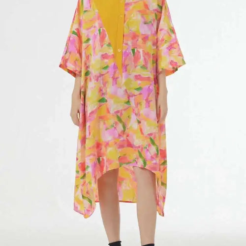 Load image into Gallery viewer, Women Blue Printed Big Size Midi Floral Dress New Stand Collar Short Sleeve Loose Fit Fashion Spring Summer 2025 1DF9379
