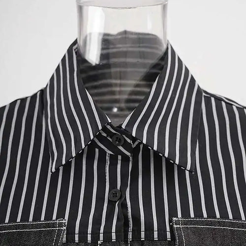 Load image into Gallery viewer, Women Black Striped Denim Spliced Big Size Blouse New Lapel Long Sleeve Shirt Fashion Tide Spring Autumn 2025 CP6A0001
