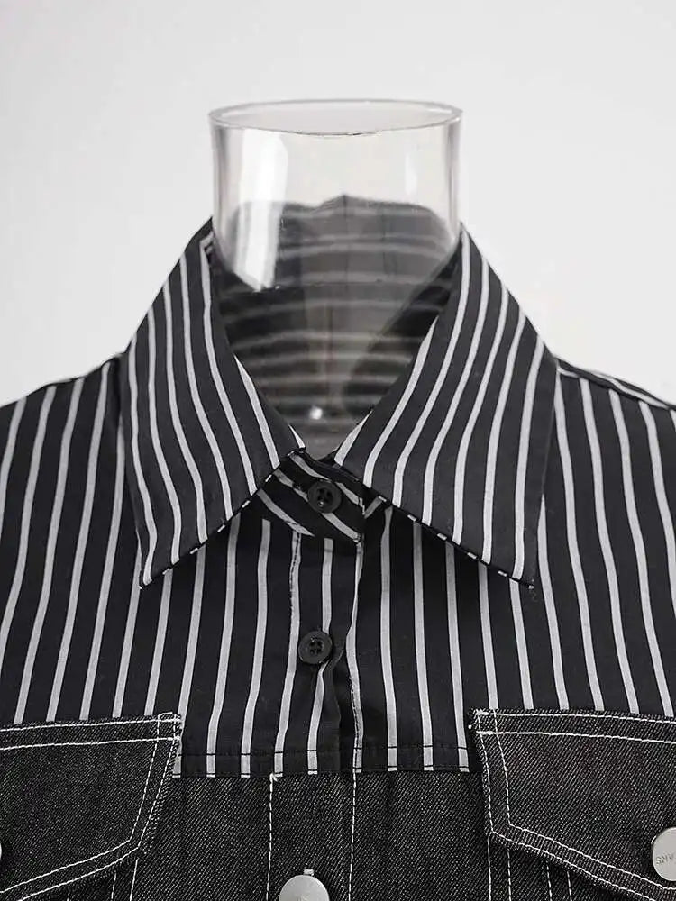 Women Black Striped Denim Spliced Big Size Blouse New Lapel Long Sleeve Shirt Fashion Tide Spring Autumn 2025 CP6A0001