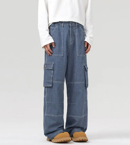 Striped Men's Denim Pants New American Straight Denim Pants Hign Street Multi Pockets Desgin Spliced Retro Trousers 9W1557