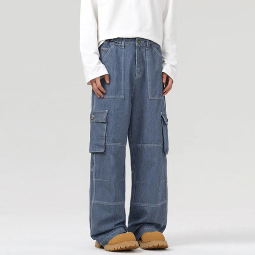 Load image into Gallery viewer, Striped Men's Denim Pants New American Straight Denim Pants Hign Street Multi Pockets Desgin Spliced Retro Trousers 9W1557
