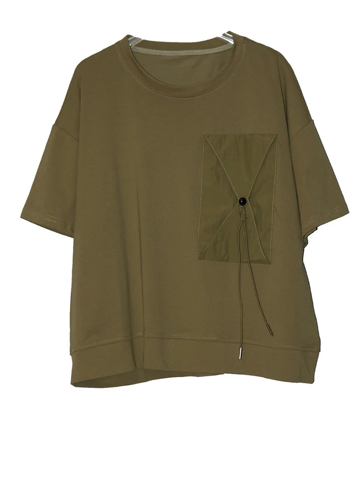 Women Black Pocket Spliced Big Size Casual T-shirt New Round Neck Short Sleeve Fashion Tide Spring Summer 2025 1DJ0898