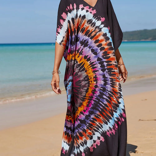 Load image into Gallery viewer, Colorful Kaftan Tunic Beach Cover Up Cover-ups Beach Dress Beach Wear Beachwear Loose Maxi Dress Female Women V4428
