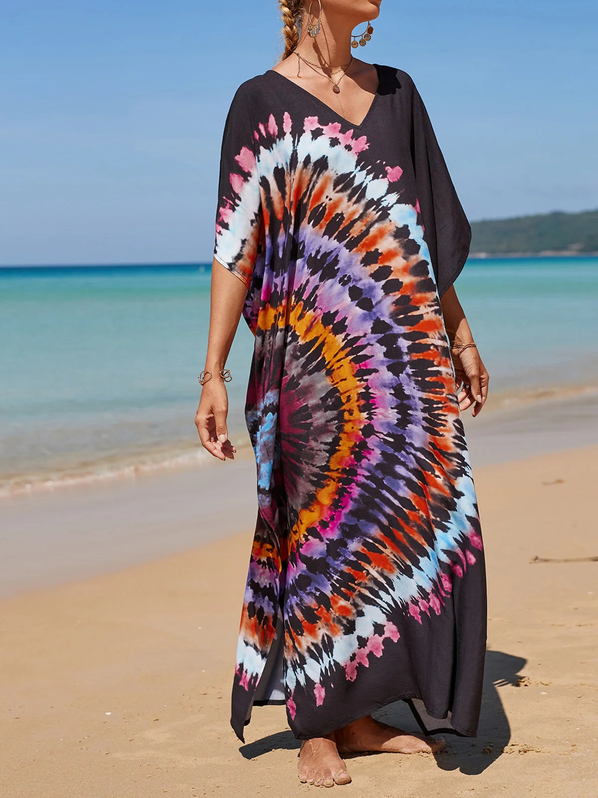 Colorful Kaftan Tunic Beach Cover Up Cover-ups Beach Dress Beach Wear Beachwear Loose Maxi Dress Female Women V4428