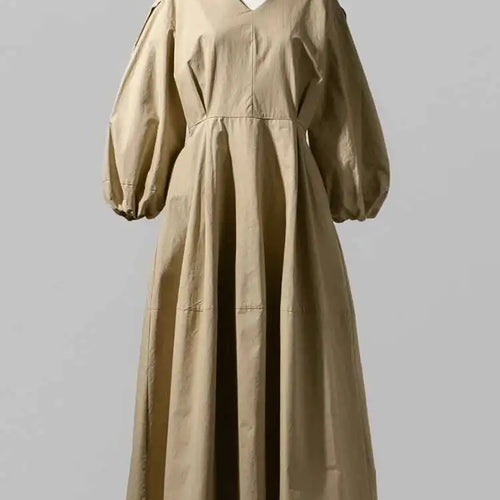 Load image into Gallery viewer, Women Kahki Elegant Big Size Long Dress New V-Neck Long Lantern Sleeve Loose Fit Fashion Tide Spring Autumn 2025  1DH0488
