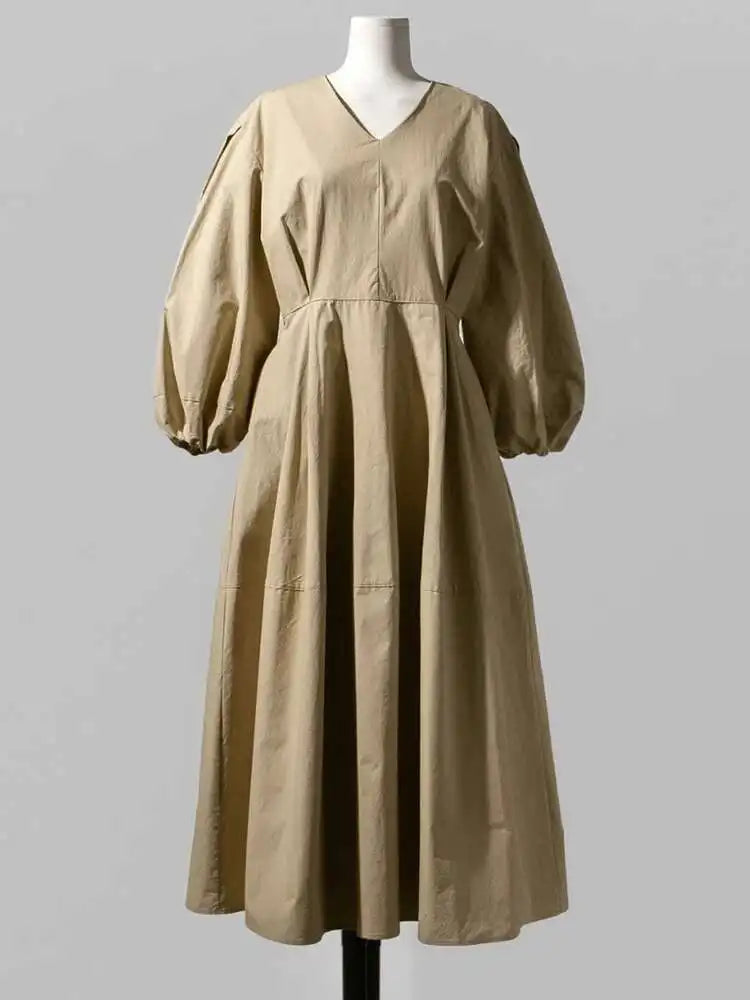 Women Kahki Elegant Big Size Long Dress New V-Neck Long Lantern Sleeve Loose Fit Fashion Tide Spring Autumn 2025  1DH0488