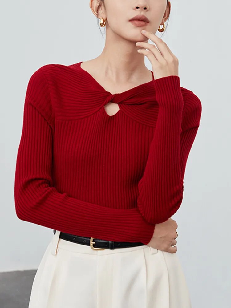 Solid Slimming Knitting Sweaters For Women V Neck Long Sleeves Hollow Out Pullover Temperament Sweater Female