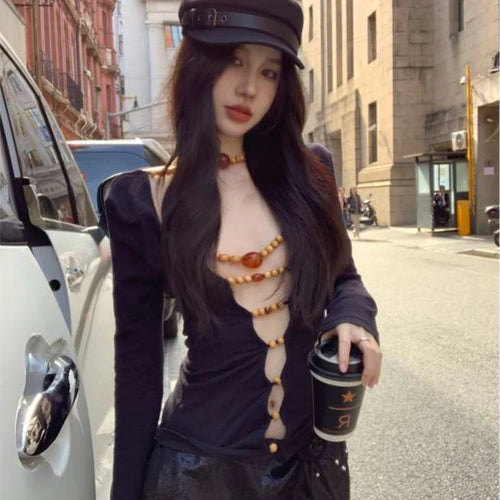 Load image into Gallery viewer, Sexy Hollow Out Grunge String Beads Shirts Femme Slim Y2k Aesthetic Solid Streetwear Cropped Tops Women Harajuku Grunge T-shirt
