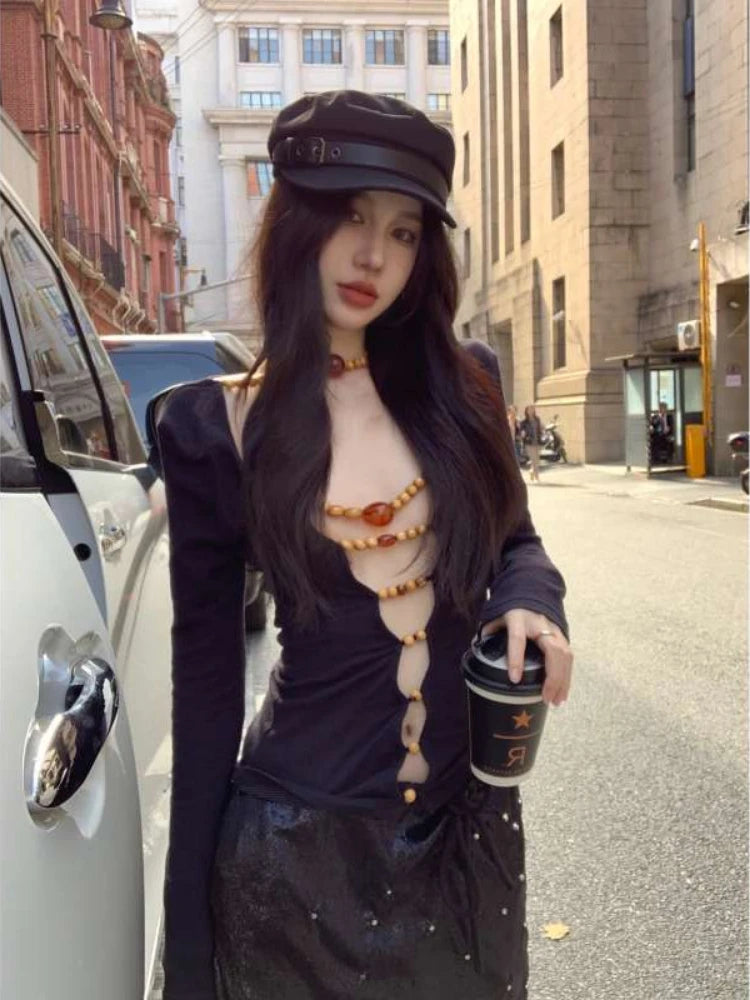 Sexy Hollow Out Grunge String Beads Shirts Femme Slim Y2k Aesthetic Solid Streetwear Cropped Tops Women Harajuku Grunge T-shirt