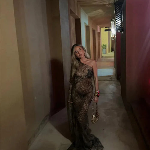 Load image into Gallery viewer, One Shoulder Leopard Print Maxi Dress Women Inclined Shoulder Backless Beach Holiday Vacation Club Sexy Long Dress
