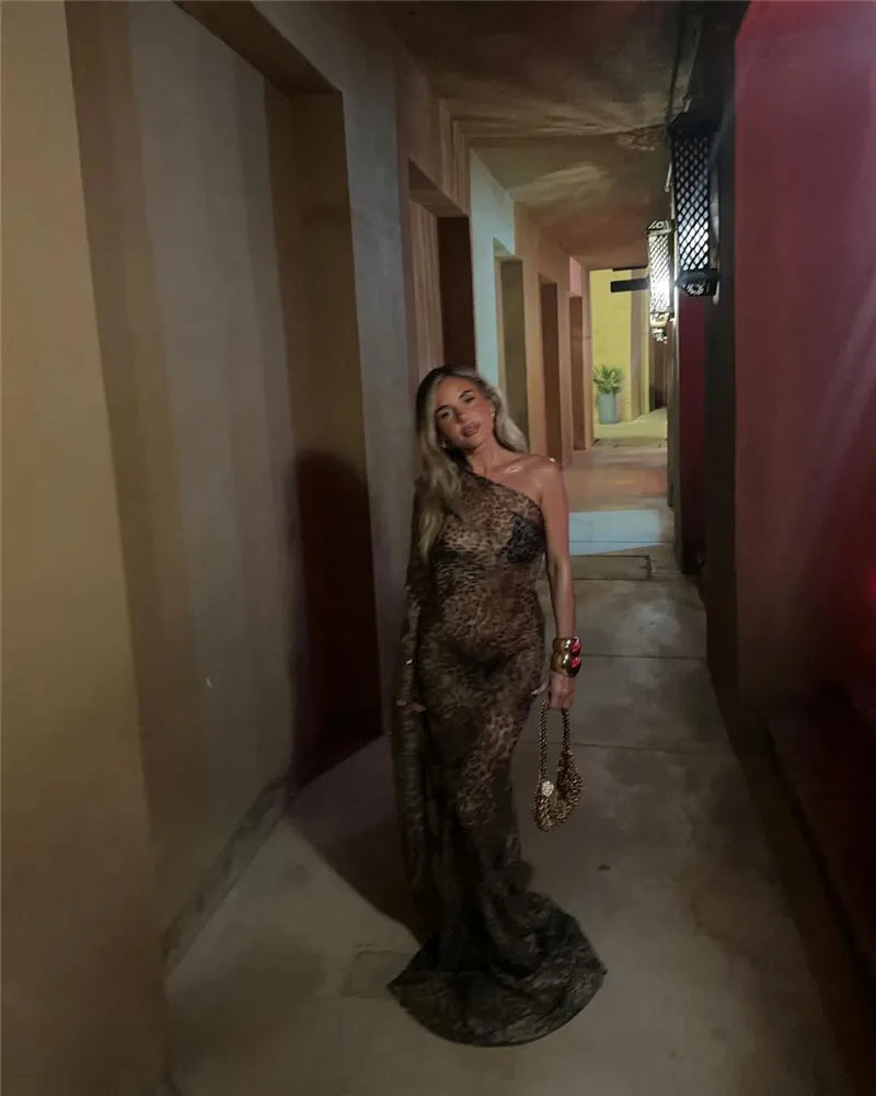 One Shoulder Leopard Print Maxi Dress Women Inclined Shoulder Backless Beach Holiday Vacation Club Sexy Long Dress