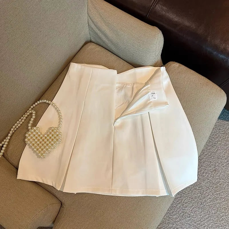 White Chinese Style Button Up Mini Skirts Women Black High Waisted Pleated A-line Wrapped Hip Short Skirt Chic Korean 2024 Retro