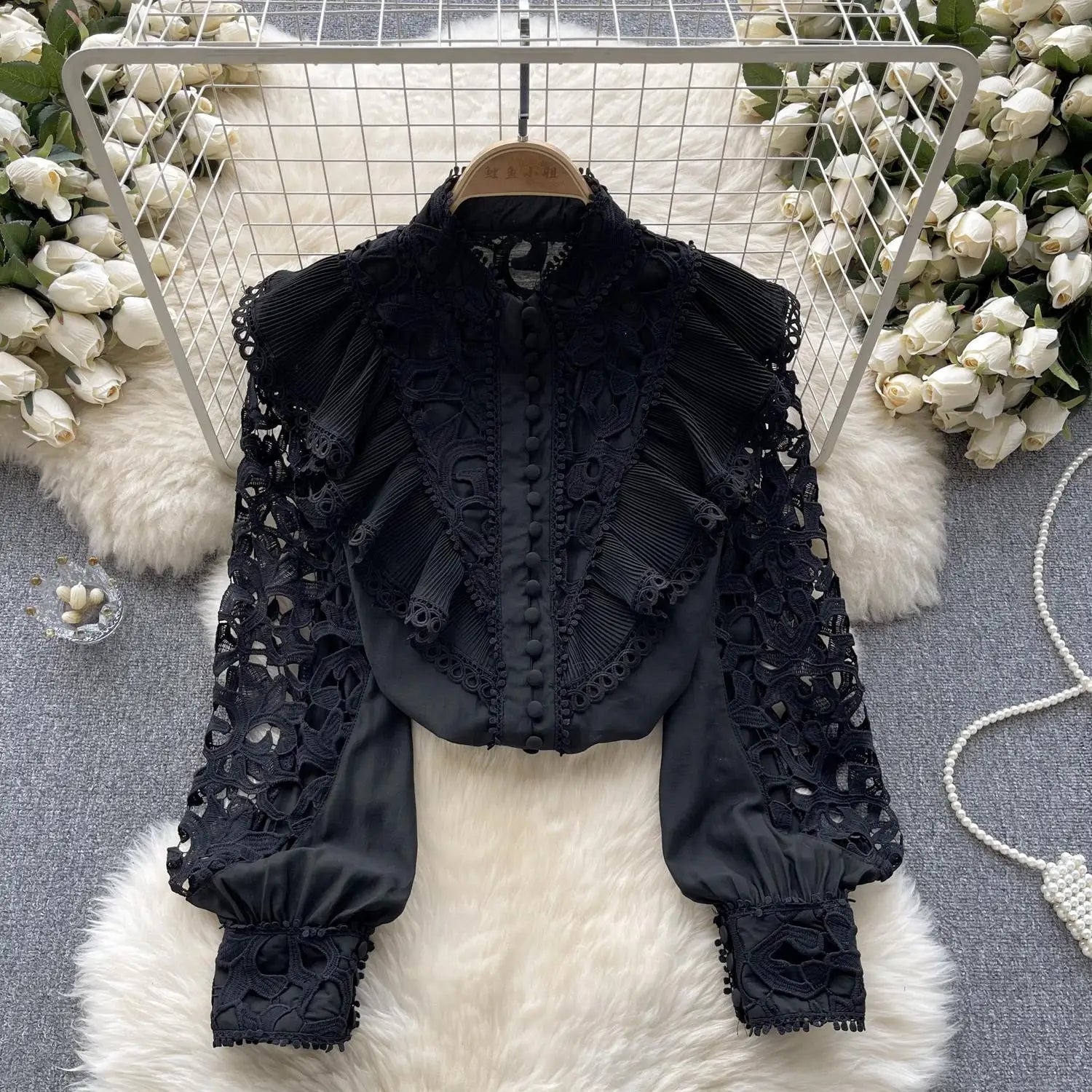 Women's Vintage Sweet Solid Long Sleeved Ruffle Edge Lace Shirt Y2k Korean Fashion Tide Autumn Winter 2023 Hollowed Out Tops New
