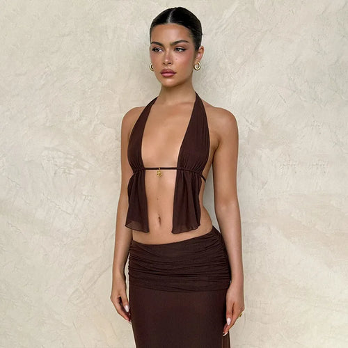 Load image into Gallery viewer, Hollow Out Lace-up Sexy Skirt 2 Piece Sets Women Brown Halter Crop Tops And Maxi Skirt Female Skinny Sexy Two Piece Set
