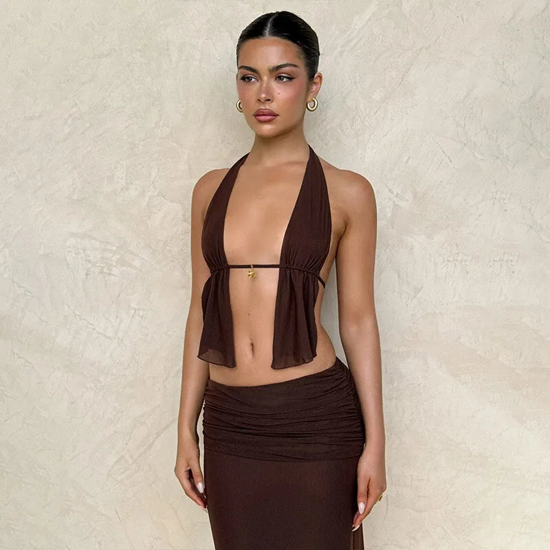 Hollow Out Lace-up Sexy Skirt 2 Piece Sets Women Brown Halter Crop Tops And Maxi Skirt Female Skinny Sexy Two Piece Set