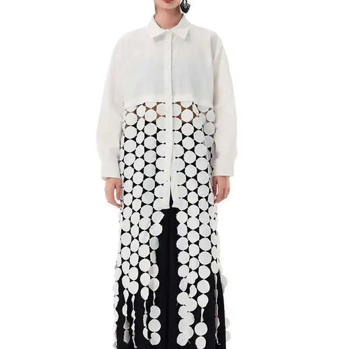 Load image into Gallery viewer, Women White Dot Tassels Hollow Out Midi Big Size Shirt Dress New Lapel Long Sleeve Fashion Tide Spring Autumn 2025 1DH9464

