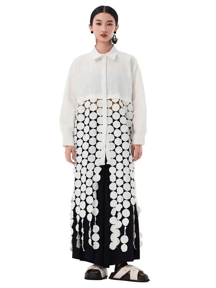 Women White Dot Tassels Hollow Out Midi Big Size Shirt Dress New Lapel Long Sleeve Fashion Tide Spring Autumn 2025 1DH9464